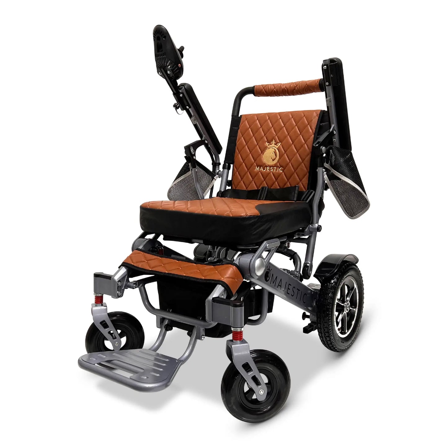 This electric wheelchair comes with a height-adjustable backrest and storage under the seat.