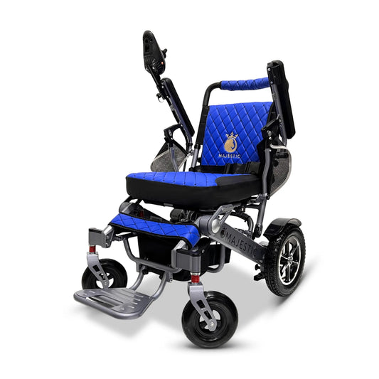 There are two ways to control this electric wheelchair, the user-controlled joystick or the hand-held wireless remote control. The remote control allows caregivers to control the wheelchair remotely.