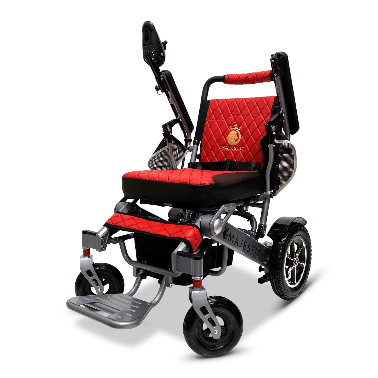 This electric wheelchair can be used at low speeds, in good road conditions, and can handle moderate slopes.