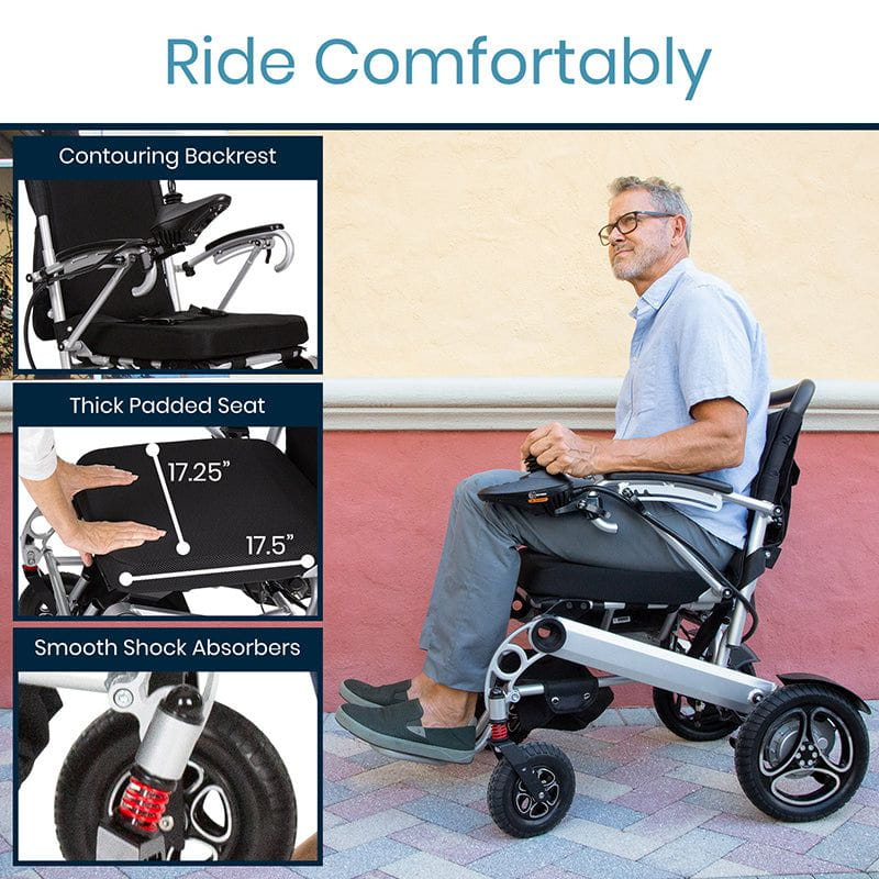 Power wheelchair ride comfortably with contouring backrest, thick padded seat, and shock absorbers